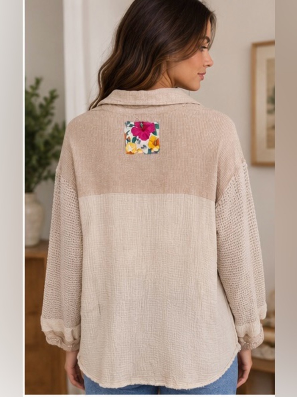 POL Cream Mixed Media Long-Sleeve Henley with Floral Patch Pockets - Picture 2 of 14